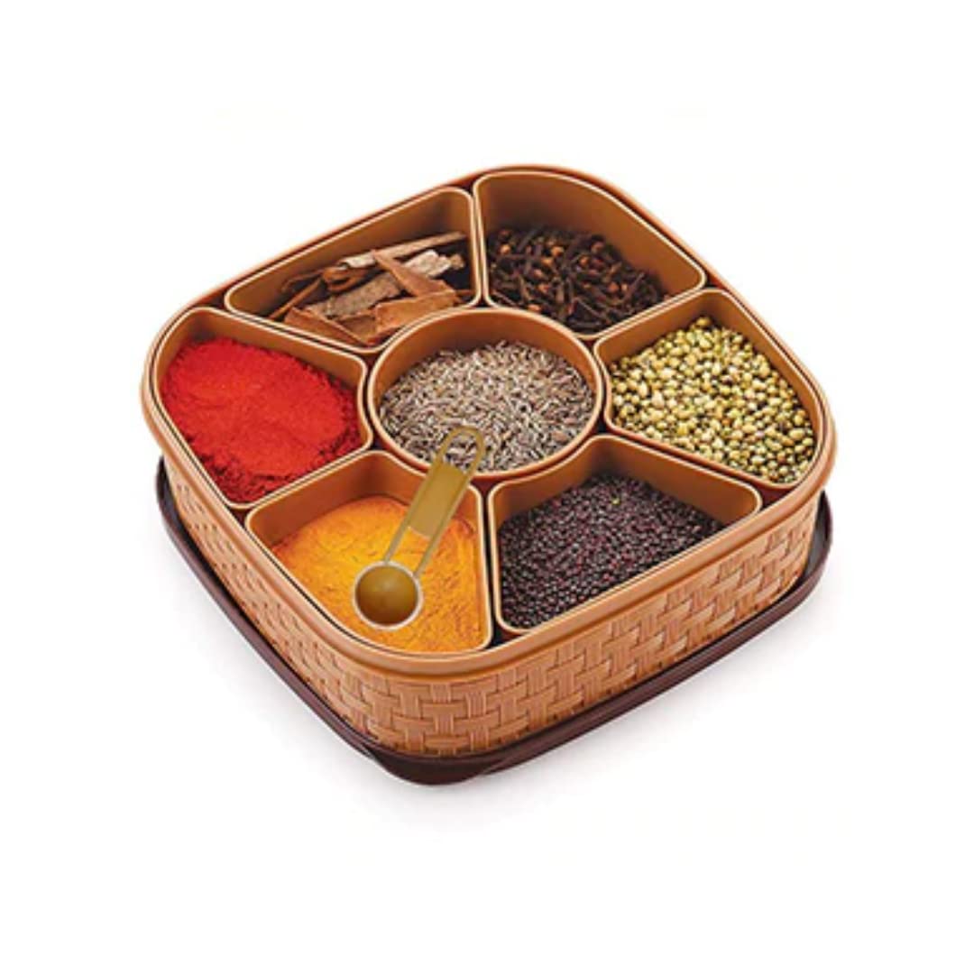 Suzec Masala Rangoli Box Dabba For Keeping Spices | Spice Box For Kitchen | Plastic Wooden Style Masala Box | Masala Container |